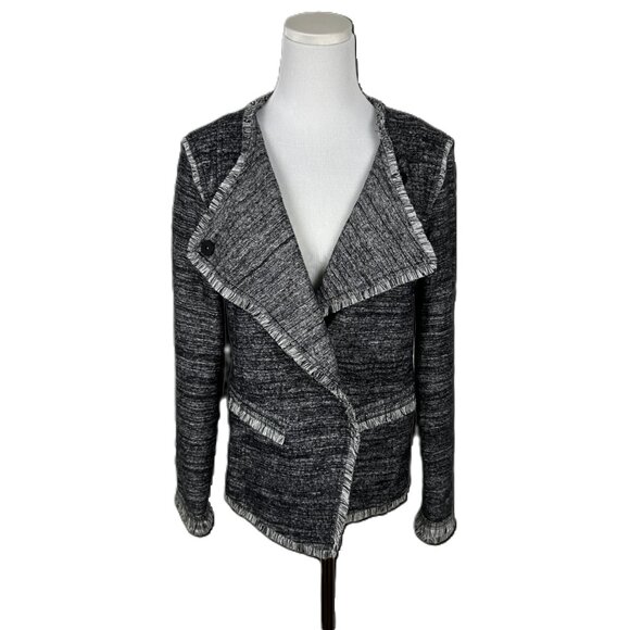 Banana Republic Jacket Women S Tweed Fringe Grey Lined Asymmetrical Snap Closure - Picture 2 of 15